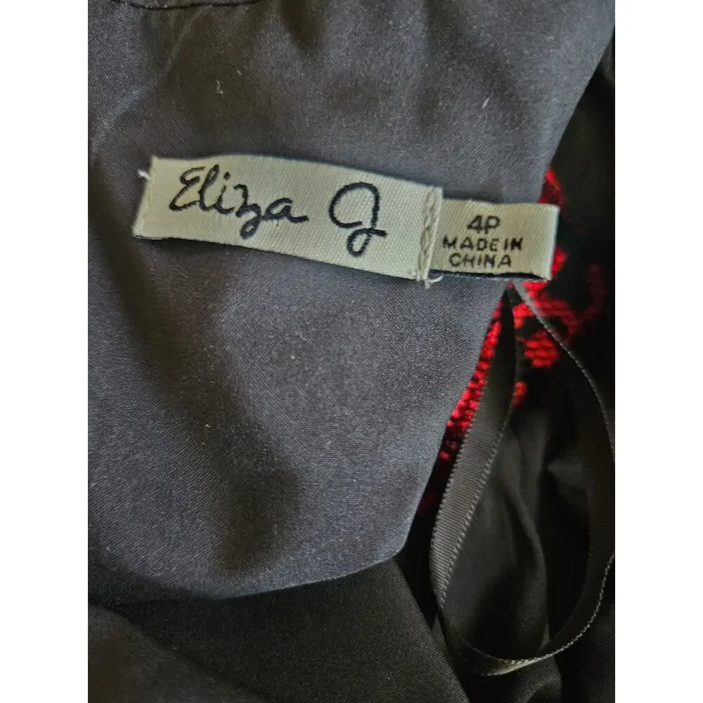 Eliza J Sz 4P Red/Blk Floral Dress Beaded Collar Lace Fit and Flare - Picture 12 of 13